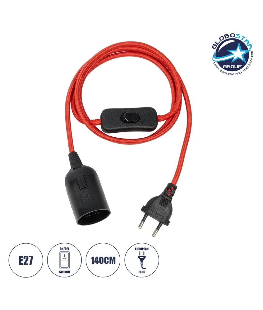 GLOBOSTAR® WHIP 77666 Μοντέρνο DIY Φωτιστικό με Υφασμάτινο Καλώδιο, Ντουί 1 x E27, Διακόπτη On-Off & Πρίζα AC 220-240V IP20 - Κόκκινο & Μαύρο - Μ150 x Π4 x Υ4cm